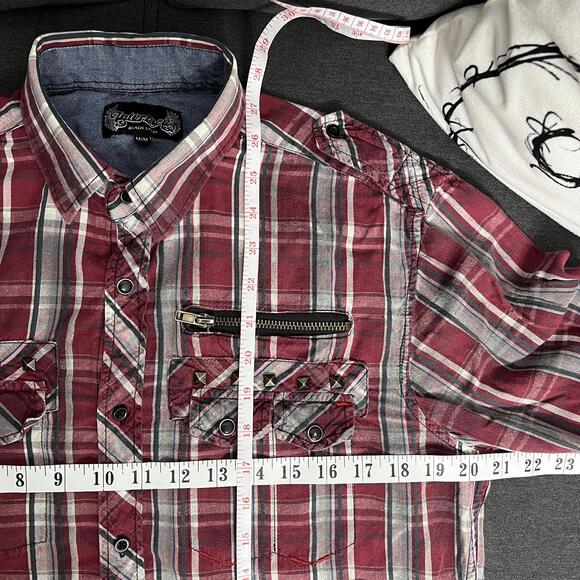 Y2K grunge emo Interface black label Men's plaid button up shirt with studs Sz M - Picture 7 of 9
